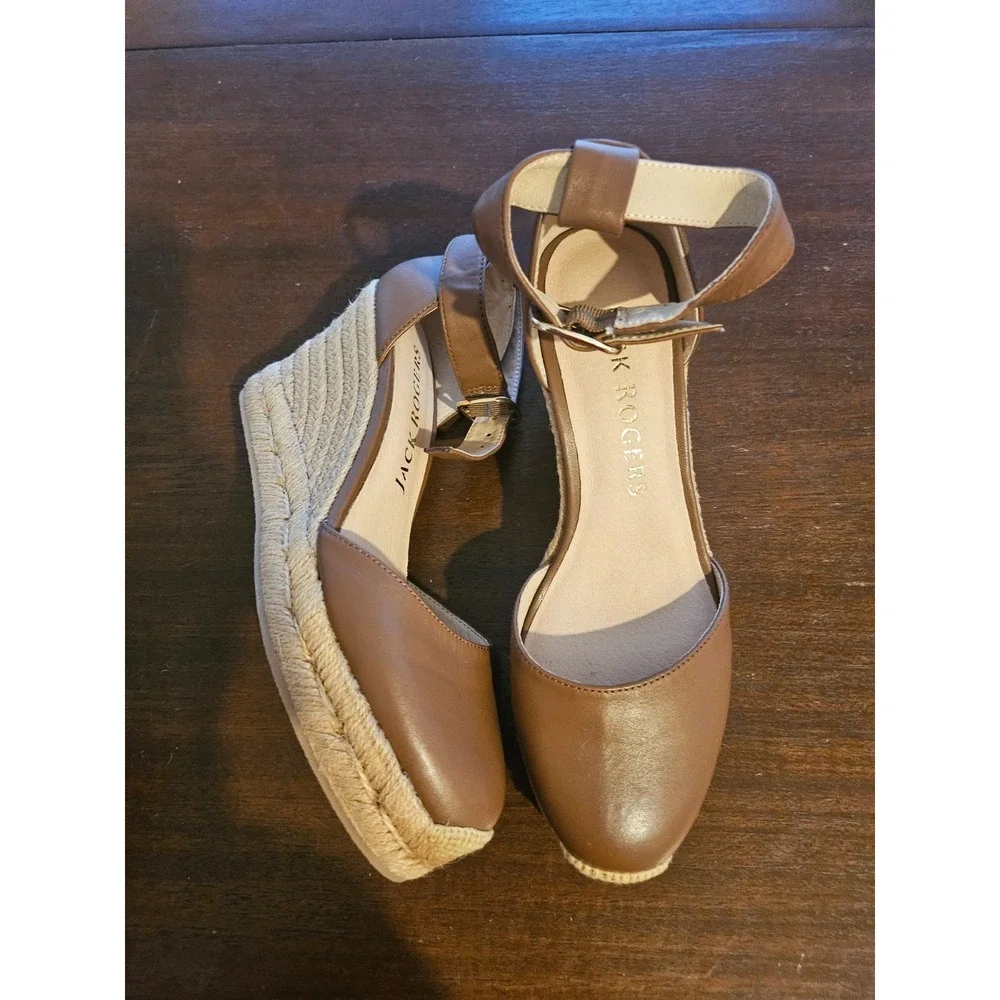 Jack Rogers‎ Palmer Ankle Strap Espadrille Pumps Brown Leather Size 6M NEW